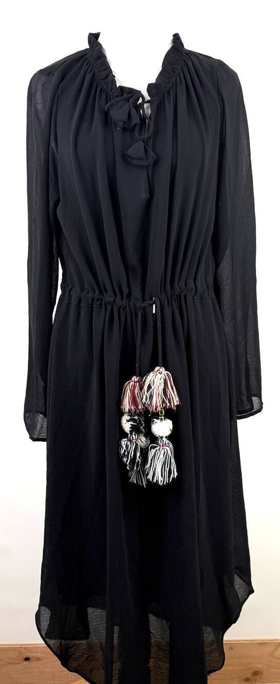 Misa Los Angeles Black Pom Pom Tassel Bohemian Roots Tanaz Dress Size XS